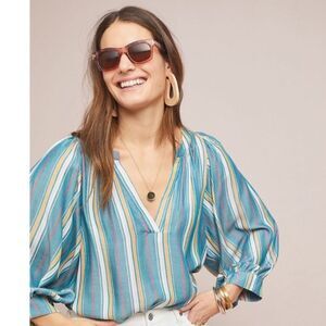 Maeve Striped V-Neck Peasant Blouse size XS